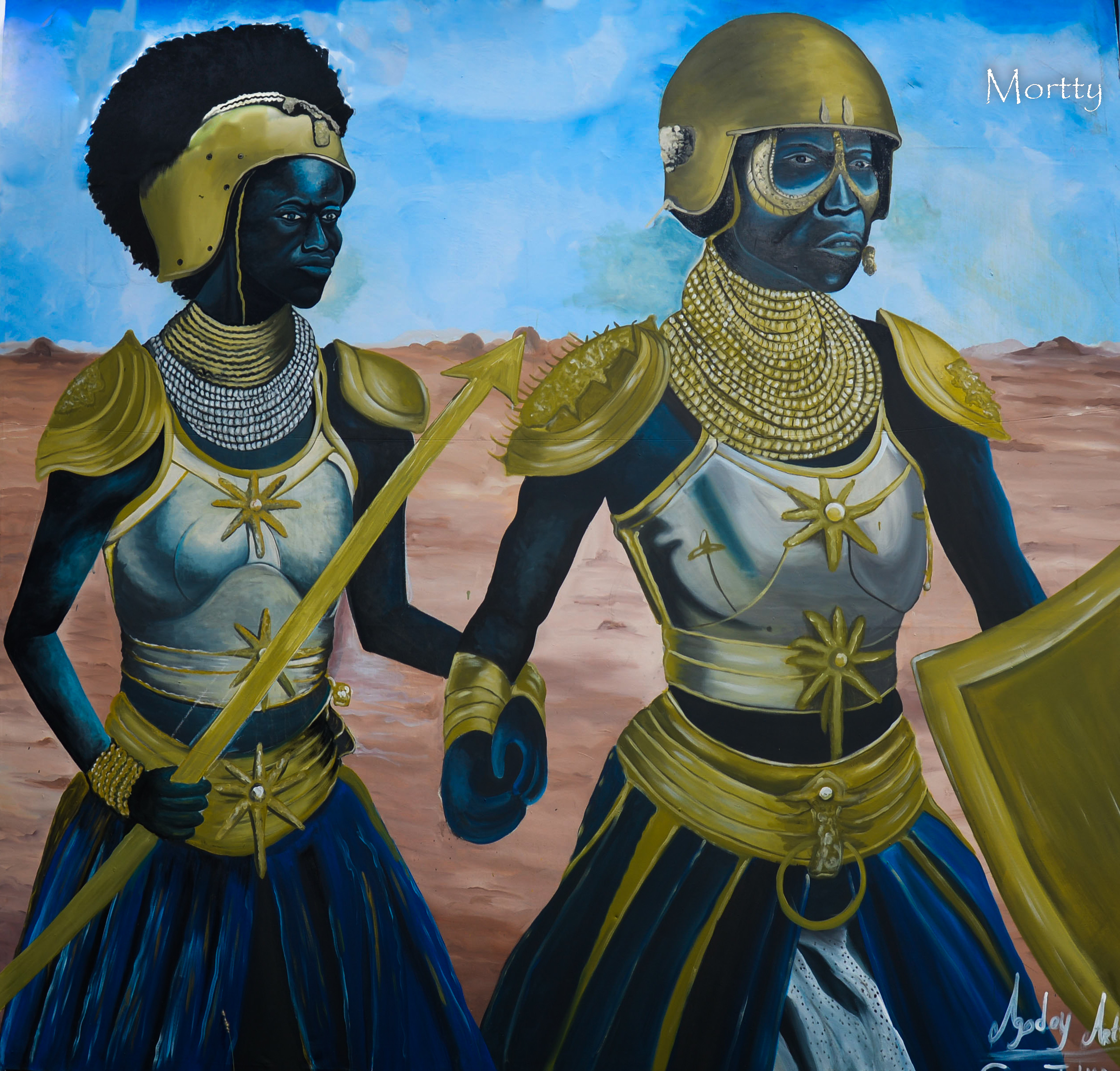 Two African warriors on a battle field. 